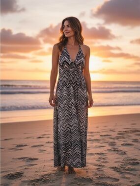 Heart Soul Chevron Patterned Black and White Maxi Dress